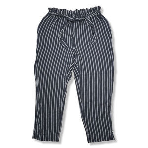 Own It High Waisted Cropped Linen Pants SIZE XL Blue Gray Striped Belted Italy
